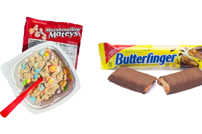 Marshmallow Mateys cereal next to a Butterfinger candy bar